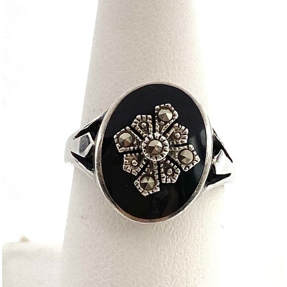 925 Marsala Ring Sterling Silver Vintage Estate Black Oval Glass Marcasites 7.5 - Picture 8 of 13